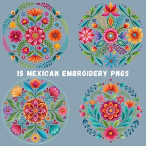 Mexican Embroidery PNG Bundle, 15 Hispanic Flower Designs, Mexican Floral Sublimation, Shirt Designs, Fiesta Party Clipart, Transparent PNGs