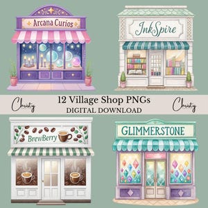 Village Shops Clipart Bundle, 12 Watercolor Buildings, Crafty Sublimation, Pastel Building Illustrations, Shop Border, Transparent PNGs