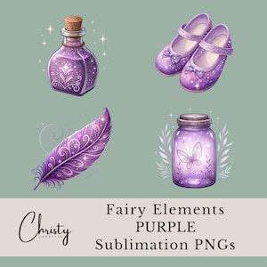 Purple Fairy Element PNGs, 15 Fantasy Fairy Clipart Designs, Magical Sublimation, Nursery Wall Art, Cute Girl Clip Art, Transparent PNGs