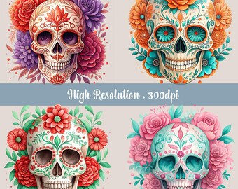Floral Skulls PNG Clipart Bundle, 15 Vibrant Skull Images, Skull Sublimation, Floral Skull Illustrations, Shirt Designs, Transparent PNGs