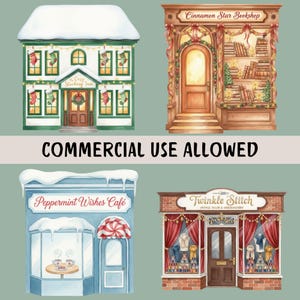 K&ouml;nnte beinhalten: Aquarellillustrationen von vier festlichen Ladenfronten: "The Cozy Stocking Inn", "Cinnamon Star Bookshop", "Peppermint Wishes Caf&eacute;" und "Twinkle Stitch". Das Bild enth&auml;lt den Text "COMMERCIAL USE ALLOWED". Jedes Geb&auml;ude ist festlich geschm&uuml;ckt.
