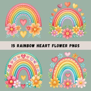 Rainbow Clipart Bundle, 15 Watercolor Floral Rainbows, Boho Rainbow Sublimation, Flowers Hearts Nursery Decor, Hearts, Transparent PNGs