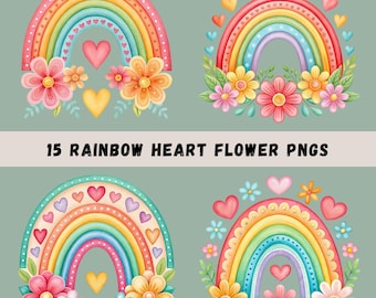 Rainbow Clipart Bundle, 15 Watercolor Floral Rainbows, Boho Rainbow Sublimation, Flowers Hearts Nursery Decor, Hearts, Transparent PNGs