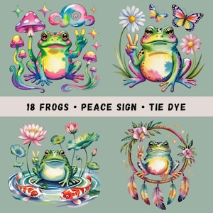 Frog Clipart Bundle, 18 Peace Sign Frog PNGs, Funny Frogs Sublimation, Tie-Dye Frogs, Hippie Frogs, Hippie Style Clip Art, Transparent PNGs