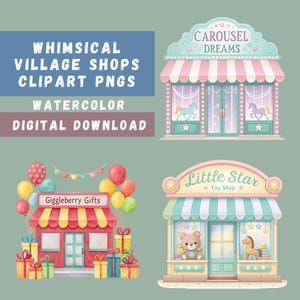 Bundle de cliparts des boutiques du village, 15 bâtiments aquarelles, sublimation artisanale, illustrations de bâtiments pastel, bordure de boutique, PNG transparents