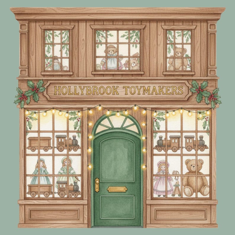 May include: Watercolor illustration of a toy shop facade. The shop, "Hollybrook Toymakers," features a green door, windows displaying toys like teddy bears, dolls, and trains, and is decorated with holly and string lights. The building is made of wood.
