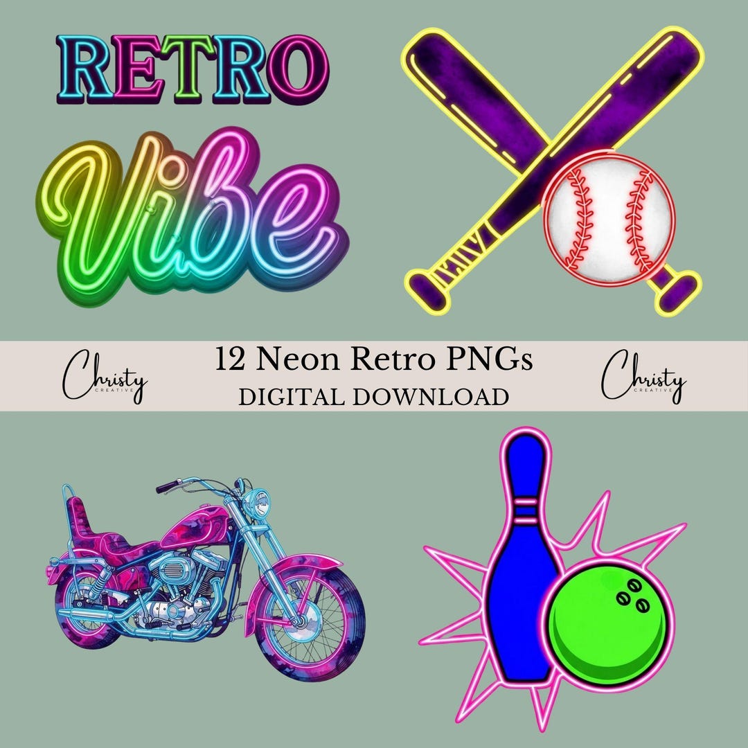 Neon Retro Clipart Bundle, 12 Vintage Neon Designs, Card Making ...