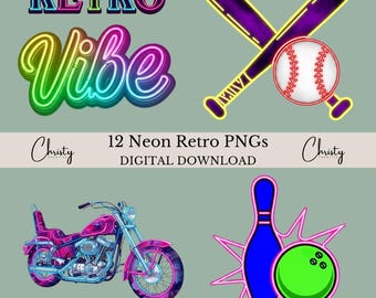 Neon Retro Clipart Bundle, 12 Vintage Neon Designs, Card Making, Crafting Art, Neon Sublimation, Colorful Retro Graphics, Transparent PNGs