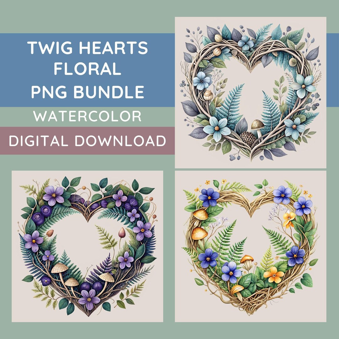 Floral Heart Clipart Bundle, 15 Rustic Heart Pngs, Flower Clip Art ...