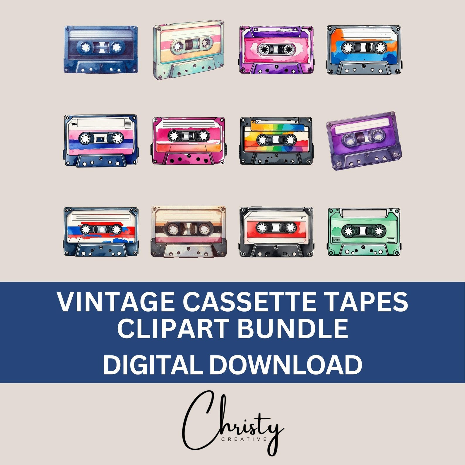 Watercolor Cassette Tape Clipart Bundle, 12 Vintage Cassette Tape ...