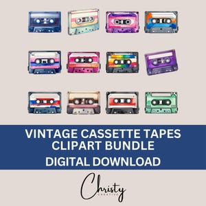 May include: A set of 12 vintage cassette tapes with colorful watercolor designs. The tapes are arranged in four rows of three. Each tape has a different color scheme and design. The tapes are perfect for adding a retro touch to your crafts, scrapbooking, or digital projects.