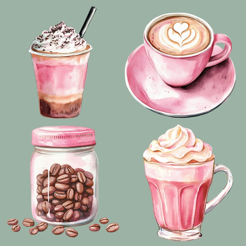 Pink Coffee Draw Pattern Coffee Designs in Pink Watercolor Bundle, 12 Coffee Graphics ...