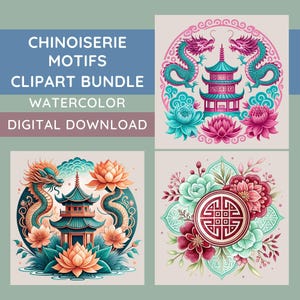 Chinoiserie Motiv Clipart Bundle, 15 asiatische Bilder, Chinoiserie Sublimation, Blumenillustrationen, Shirt-Designs, transparente PNGs