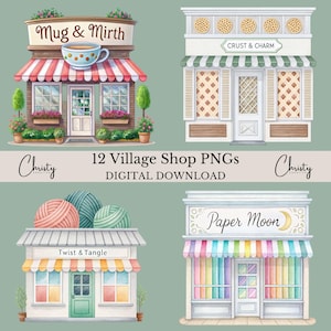 Village Shops Clipart Bundle, 12 Watercolor Buildings, Crafty Sublimation, Pastel Building Illustrations, Shop Border, Transparent PNGs