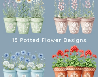 Potted Flowers PNG Bundle, 15 Watercolor Plants, Floral Houseplant Designs, Junk Journal Art, Sublimation Flowers, Transparent PNGs