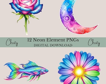 Neon Elements Clipart Bundle, 12 Watercolor Illustrations, Neon Sublimation, Scrapbooking & Junk Journal Graphics, Transparent PNGs