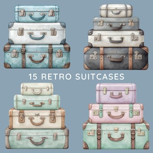 Antique Suitcases Clipart Bundle, 15 Watercolor Travel Graphics, Retro Suitcase Sublimation, Luggage Clip Art, Vacation, Transparent PNGs