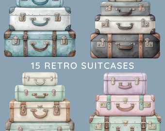 Antique Suitcases Clipart Bundle, 15 Watercolor Travel Graphics, Retro Suitcase Sublimation, Luggage Clip Art, Vacation, Transparent PNGs