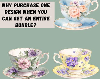 Vintage Teacup Clipart Bundle, 15 Watercolor Teacup Illustrations, Vintage Sublimation, Vintage Floral Clip Art, Transparent PNGs