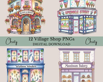 Village Shops PNG-bundel, 12 aquarelillustraties storefront, shopsublimatie, scrapbooking en junkjournal-graphics, transparante png-bestanden
