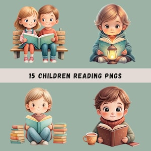 Children Reading Clipart Bundle, 15 Watercolor Kids Reading, Book Sublimation, Little Boy Reading, Little Girl Reading, Transparent PNGs