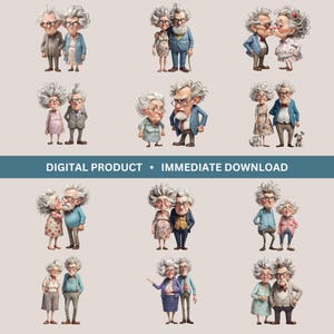 Paquete de imágenes prediseñadas de pareja de ancianos divertidos, 12 gráficos de pareja de ancianos, imágenes prediseñadas de pareja linda, ilustraciones de pareja de ancianos, dibujos animados caprichosos, PNG transparentes