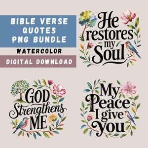 Pacchetto di arte cristiana, 15 citazioni bibliche ad acquerello, sublimazione floreale, design per magliette, chiesa, design religiosi, PNG trasparenti