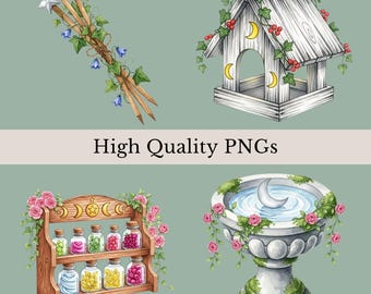Celestial Cottagecore Clipart PNG Bundle, 20 Watercolor Mystical Magical Designs, Card Making, Crafting, Whimsical Moon & Stars Sublimation