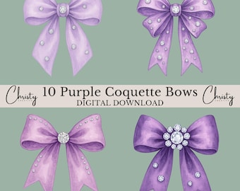 Purple Coquette Bow Bundle, 10 Watercolor Bows With Diamonds, Lavender Bows, Bow Clipart, Girly Ribbon Designs, Transparent PNGs