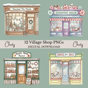 Village Shops Clipart Bundle, 12 Watercolor Buildings, Crafty Sublimation, Pastel Building Illustrations, Shop Border, Transparent PNGs