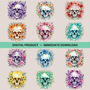 Floral Skulls Clipart Bundle, 12 Watercolor Skulls, Digital Skull Illustrations, Skull Sublimation, Skull Flowers PNG, Floral Skull PNGs