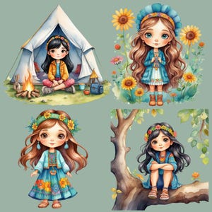 Cute Little Girls Clipart Bundle, 12 Hippie Girl Graphics, Watercolor Girl PNGs, Cute Girl Illustrations, Boho Kid PNGs, Transparent PNGs