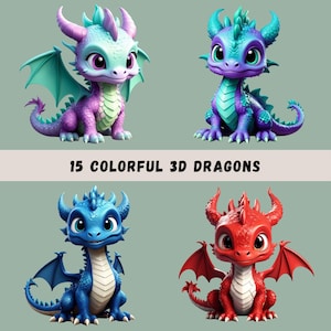 Cute Dragons Clipart Bundle, 15 3D Dragon Designs, Dragon Sublimation, Fantasy Designs, Kids Clip Art, Commercial Use, Transparent PNGs