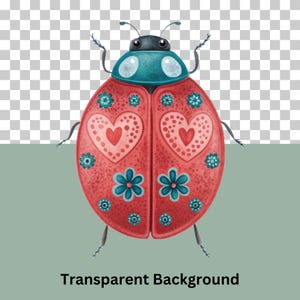 May include: A red ladybug with blue and white floral accents and two pink hearts on its wings. The ladybug has black legs and antennae.