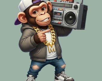 Monkey Rappers PNG Bundle, 12 Cute Monkey Illustrations, Monkey Sublimation, Hip Hop Monkeys, Card & Invitation Graphics, Transparent PNGs