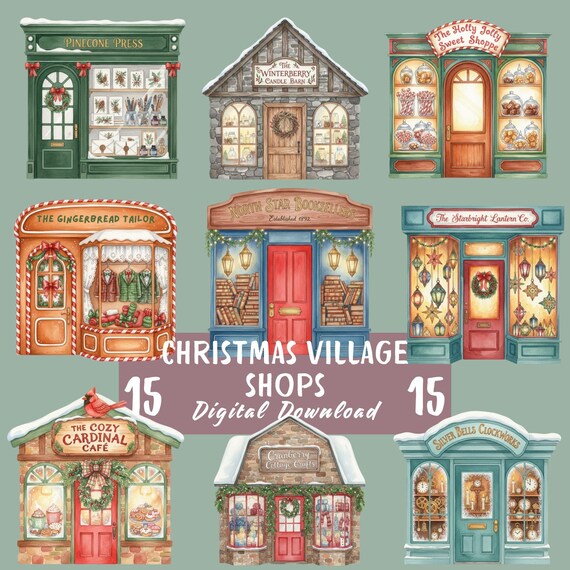Christmas Village Clipart Bundle, 15 Watercolor Storefront Designs, Card Making, Crafting, Holiday Sublimation, Transparent PNGs