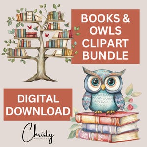 Bundle de cliparts livres & hiboux, 12 illustrations aquarelles, graphiques de bibliothèque, dessins de livres hiboux, PNG transparents de livres, lot de passionnés de lecture
