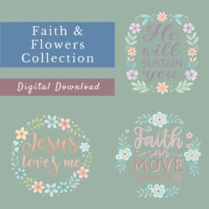 Pacchetto di Clipart di citazioni sulla fede - 15 PNG di scritture acquerellate - Versetti cristiani scritti a mano con fiori - Arte di sublimazione e journaling