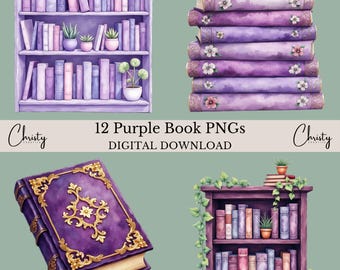 Watercolor Purple Books Clipart, Book Lover Pngs (digital Download