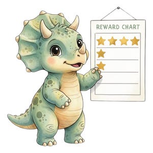 May include: A watercolor illustration of a friendly triceratops dinosaur with a reward chart. The dinosaur is light green with a beige underbelly and horns. The reward chart has the words "REWARD CHART" at the top and several gold stars.