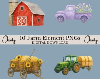 Farm Elements Clipart Bundle, 10 Watercolor Farm and Ranch Things, Card Making, Crafting Art, Scarecrow, Barn, Tractor, Transparent PNGs