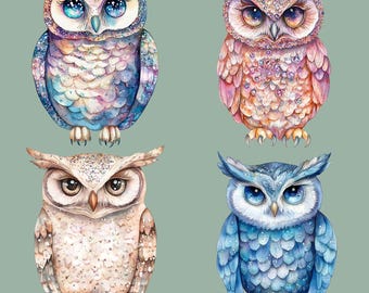 Lot de cliparts hibou scintillant aquarelle, fichiers PNG transparents (téléchargement numérique)