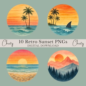 Retro Sunset Clipart Bundle, 10 Watercolor Sunsets, Outdoor Life, Retro Images, Vintage Art, T-shirt Designs, Transparent PNGs