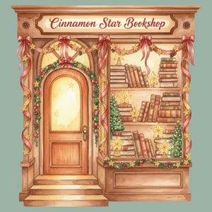 K&ouml;nnte beinhalten: Aquarellillustration einer Buchladenfassade mit Holzt&uuml;r und B&uuml;cherregal. Das Schild dar&uuml;ber lautet "Cinnamon Star Bookshop". Dekoriert mit festlichen Girlanden, Schleifen und Sternen, die eine gem&uuml;tliche, einladende Atmosph&auml;re schaffen.