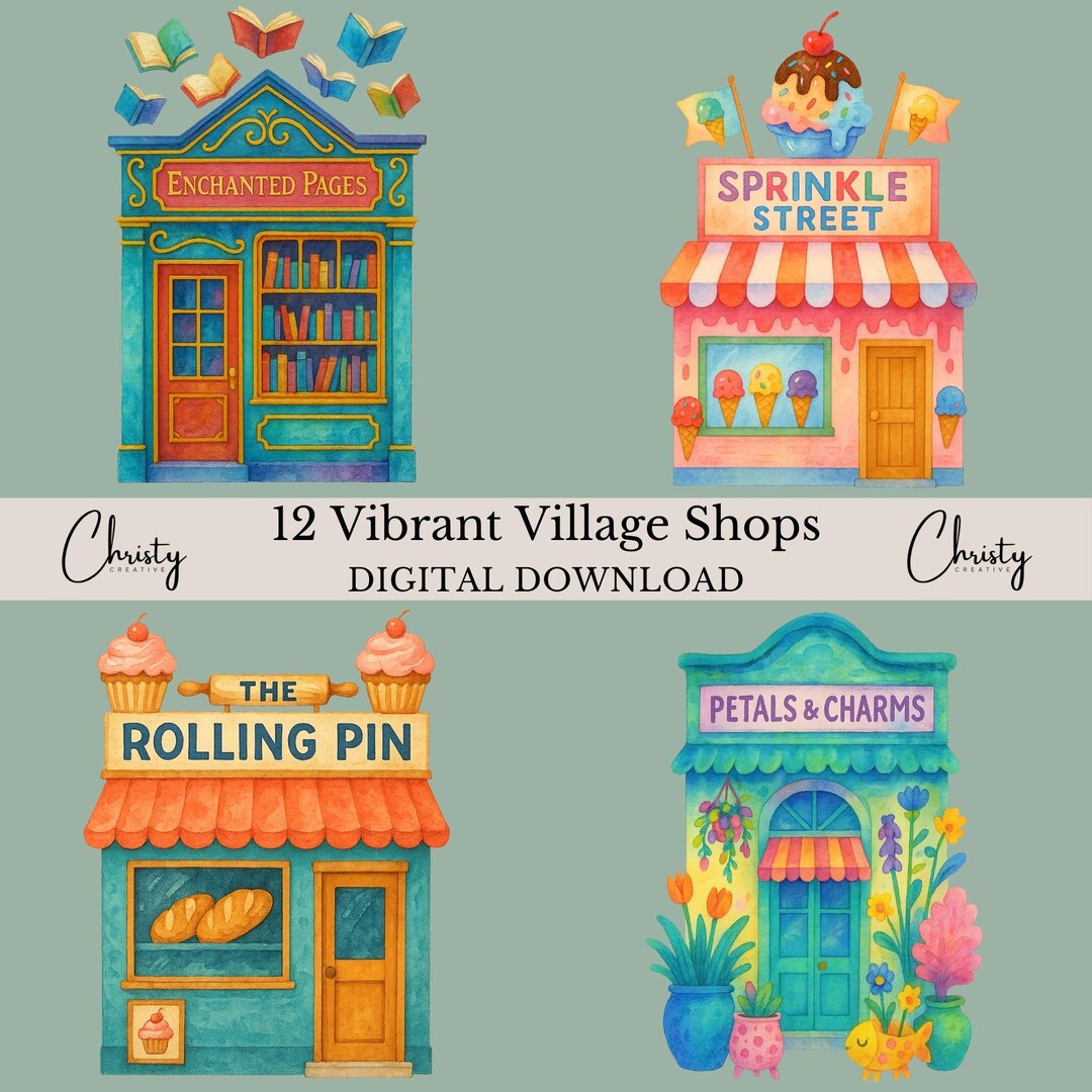 Vibrant Village Shops Clipart Bundle, 12 Watercolor Colorful Store ...