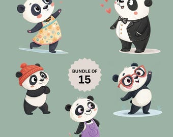 Cute Panda Clipart Bundle, 15 Storybook PNG Designs (Digital Download)