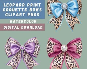 Leopard Print Coquette Bow PNGs, 10 Watercolor Bow Illustrations, Coquette Images, Shirt Graphics, Bows Sublimation, Transparent PNGs