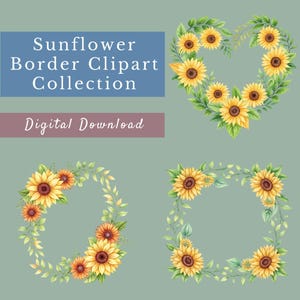 Sunflower Border Bundle, 15 Watercolor Sunflower Designs, Flower Sublimation, Wreath, Border, Background Sunflowers, Transparent PNGs