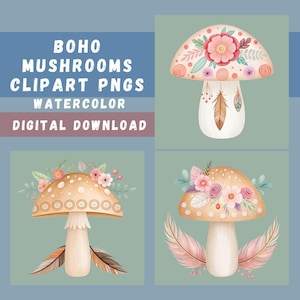 Bundle de cliparts champignon bohème, 15 champignons aquarelles, sublimation de champignons, illustrations pastel de champignons, champignon vénéneux, PNG transparents