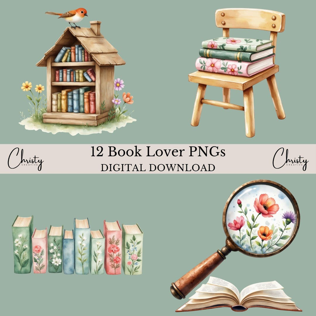 Book Lover Clipart Pngs, 12 Watercolor Book Designs, Book Illustrations ...